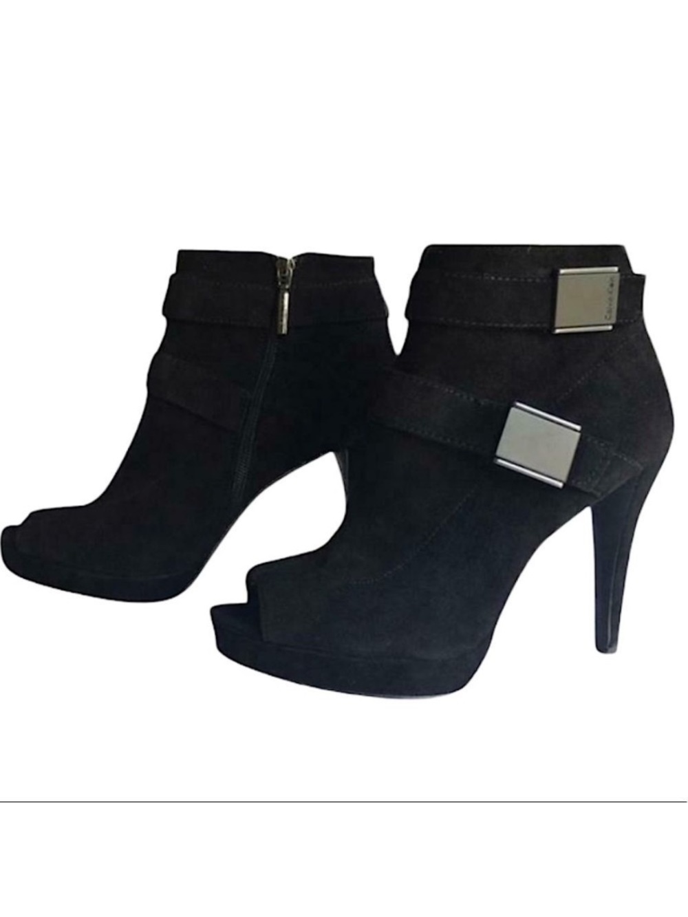 Calvin Klein Black Suede Ankle Booties with Decorative Buckles